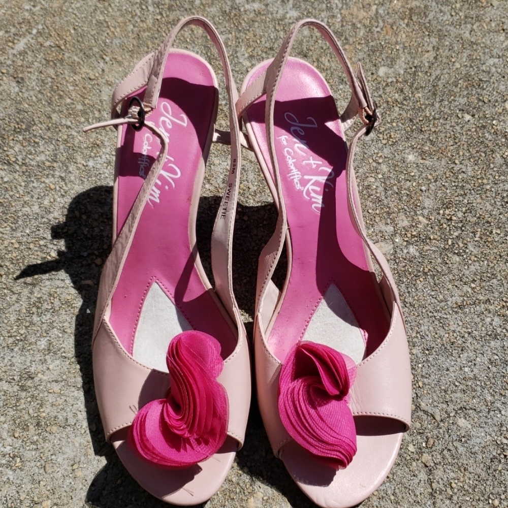 Tan pink sandal wedge